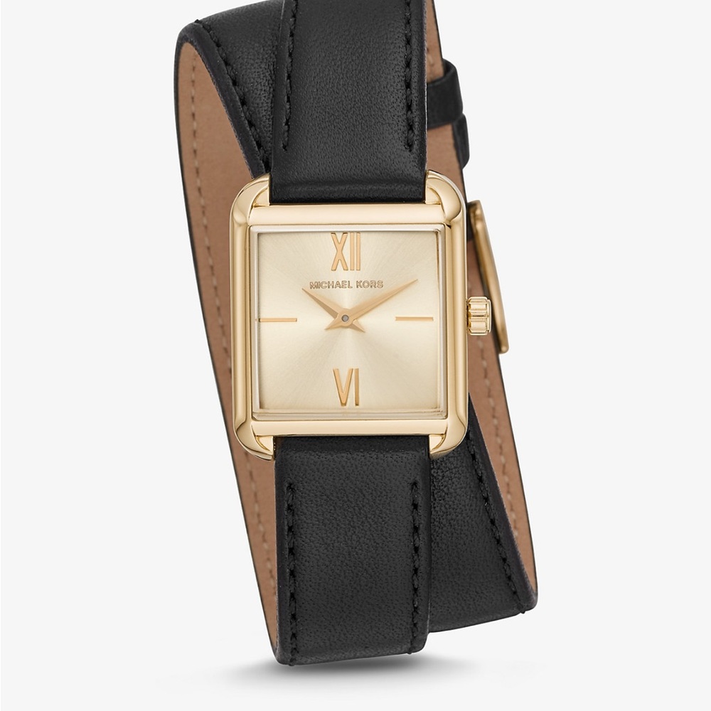 EUC Lake Gold-Tone and Black Leather Wrap Watch